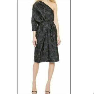 Jill Stuart dress Agathe one shoulder 10 black brocade damask silk black grey